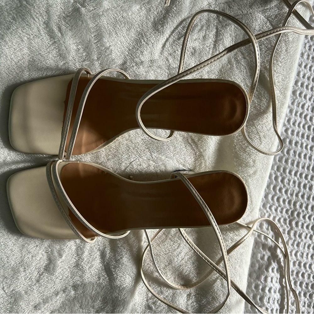 Strappy Square-Toe Lace-Up Sandals - Cream